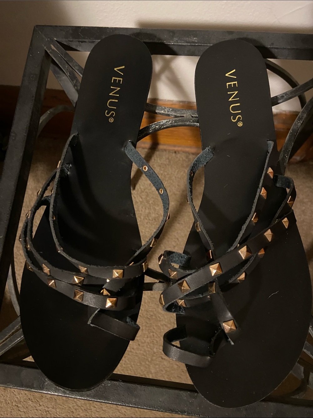 Women’s Size 8.5 VENUS Black Strappy Sandals with Gold Stud Accents